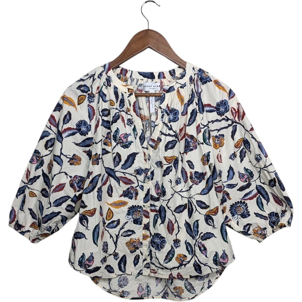 Apiece Apart Split V-Neck Top XS Cream Floral Print Bubble Sleeve Feminine Boho